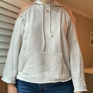 Cold-Shoulder Cream and Tan Striped Sweatshirt